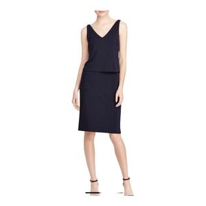 Lauren Ralph Lauren Womens Navy V‎ Neck Sleeveless Sheath Dress Size M